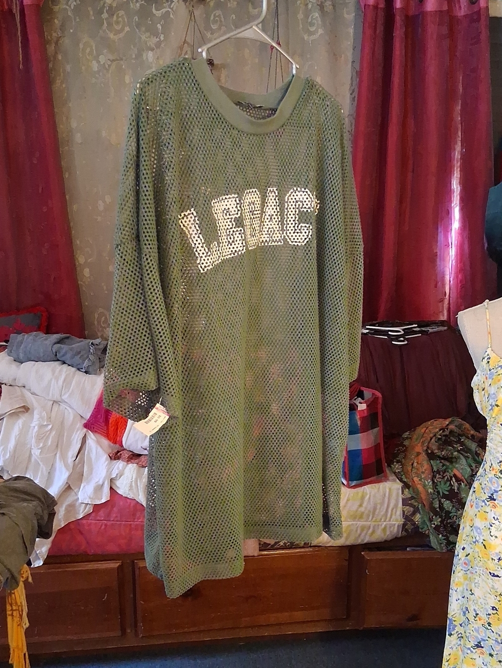 Fashion Nova Olive Green Mesh Longline Top with White Lettering